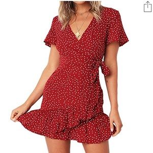 Short Sleeve Red Polka Dot Wrap Mini Dress